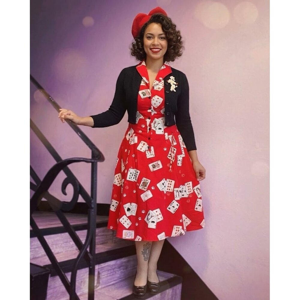 NWT Collectif Liza Cat Croupier Midi in Red Your Royal Cuteness Shirt Dress L 10